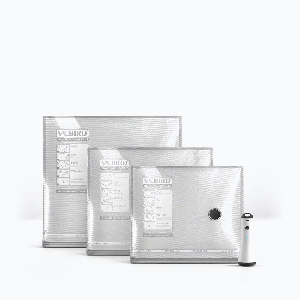 Vacbird vacuum storage bags in three sizes with the Turbo X7 pump