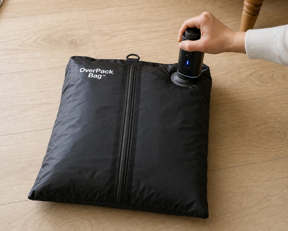 Pump pressed onto the OverPack Bag valve