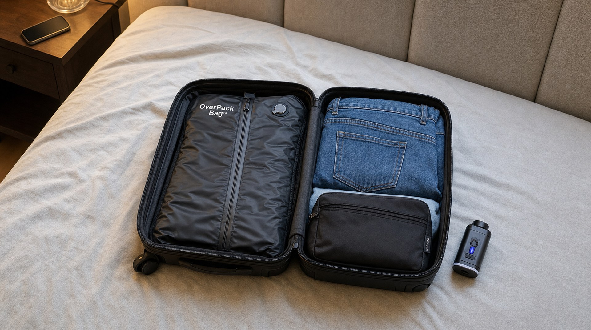Compressed OverPack Bag in an open carry-on the night before a trip